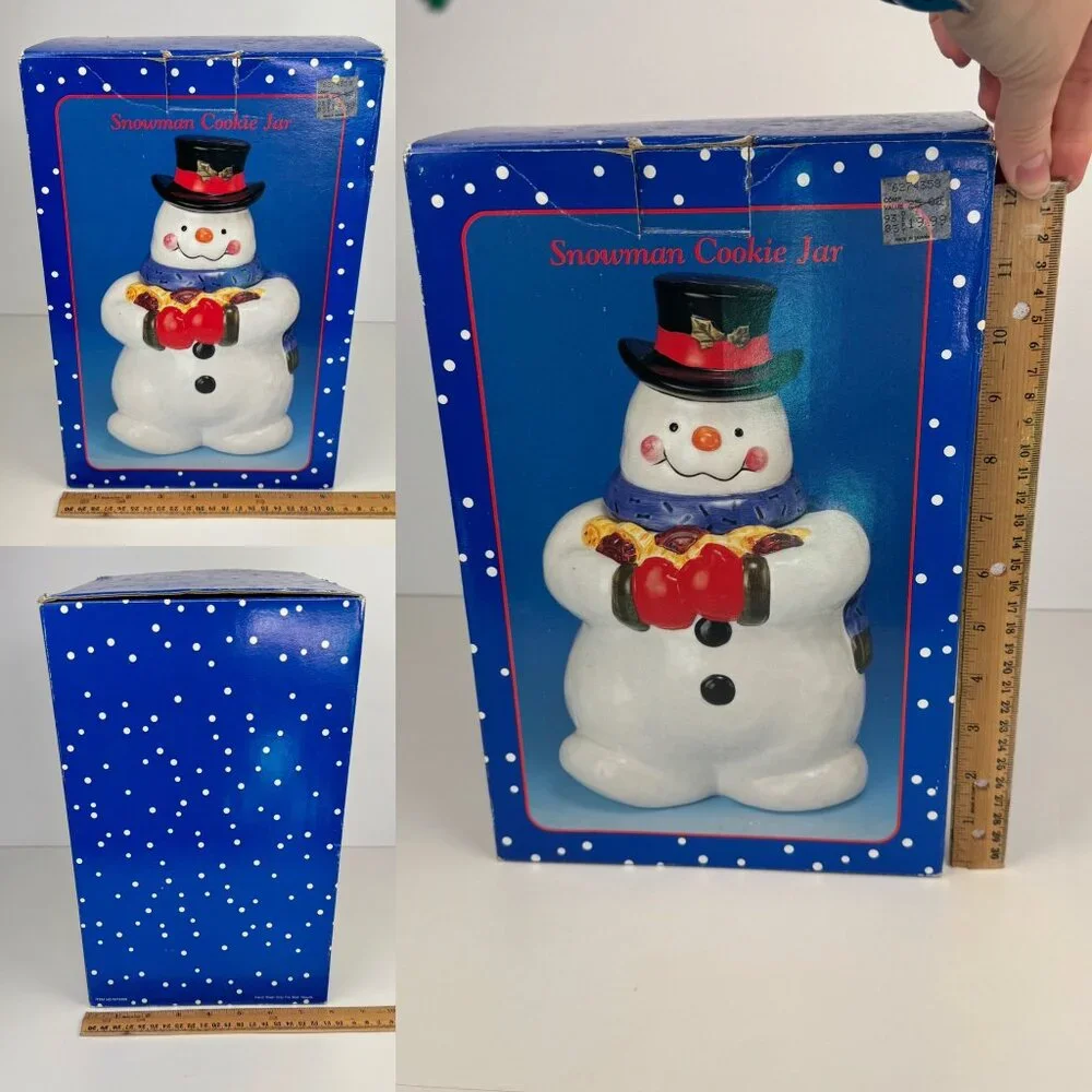 Vtg 90s Snowman Holding‎ Cookies Cookie Jar w Lid Storage Orig Box Crazing READ